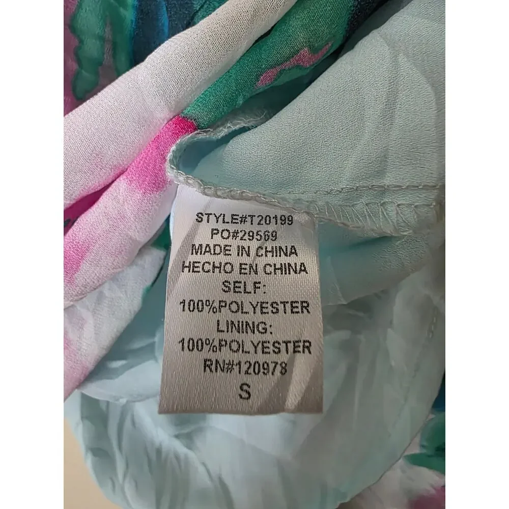 Entro Women's Floral Peasant Blouse Size S Green Pink Smocked Balloon Sleeve